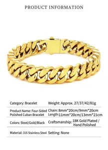Bracciale maglia cubana in acciaio inossidabile dorato da uomo dettagli specifiche.