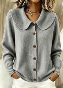 Elegant grey knit cardigan featuring peter pan collar and buttons, casual women sweater.