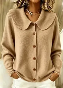 Detailed view of the women's casual knit cardigan featuring a Peter Pan collar.
