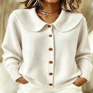 Women white knit cardigan sweater with oversized Peter Pan collar and brown buttons.