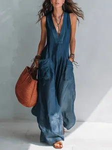 Combinaison Femme Couleur Unie Col en V Ample Sans Manches Jambe Large Romper Avec Grandes Poches Tenue Une Pièce Mode Casual