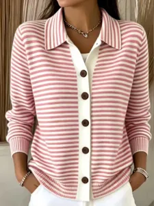 Pink and white striped knit cardigan with lapel and brown buttons for women casual wear.