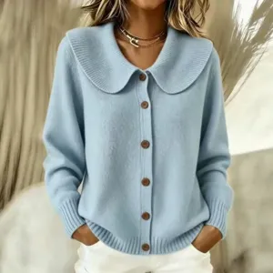 Women Knitted Cardigan Peter Pan Collar Long Sleeve Single Breasted Button Loose Jacket Cotton Polyester Casual Outerwear