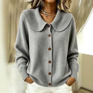 Fashionable women doll collar knitted cardigan, casual loose long sleeve sweater top.