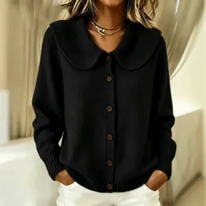 Black cardigan sweater with peter pan collar, long sleeve knitted button-down top for women