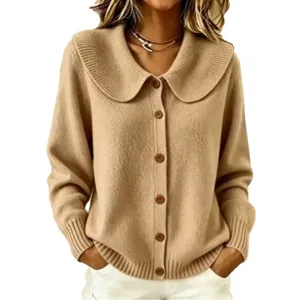 Women casual loose Peter Pan collar knit cardigan, stylish autumn long sleeve button sweater.