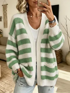 Dames groen wit gestreepte gebreide vest V-hals casual losse trui top detailweergave