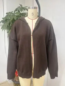 Gilet cardigan en tricot a capuche manches longues pour femme, manteau ouvert d'automne.
