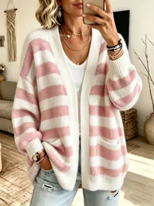 Dames Gestreepte Gebreide Vest Losse Casual V-Hals Open Voorzijde Trui Met Zakken Katoen Polyester Herfst Winter Mode Top