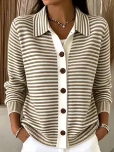 Women striped knit cardigan sweater polo collar button down casual autumn winter fashion top