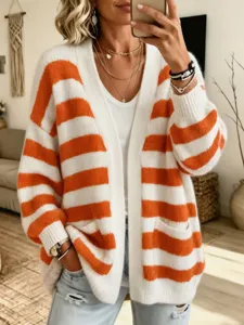 Vrouwen casual oranje wit gestreepte cardigan lange mouw oversized open gebreide top
