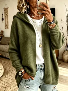 Femme manches longues capuche cardigan en tricot sans boutons detail style decontracte