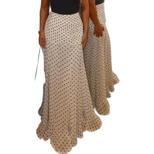 High-waist polka dot long skirt, elegant slimming fishtail hem maxi skirt for women.