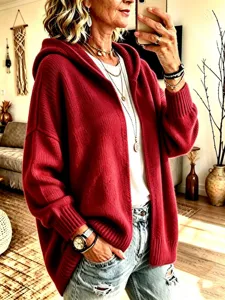 Femme rouge sweat cardigan en tricot ample decontracte manches longues manteau automne