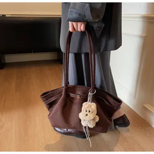 Brown suede tote bag, vintage casual shoulder bag, large capacity daily commuting handbag.