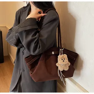 French style large capacity suede tote bag vintage casual shoulder commuting bag for women