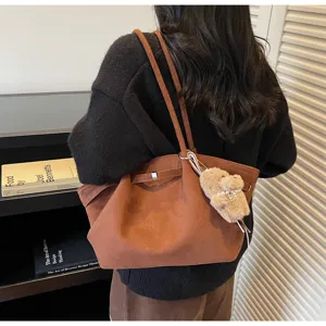 French large capacity suede shoulder tote bag autumn winter retro commuter handbag with charm