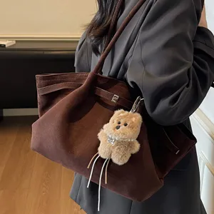 French retro large-capacity suede tote bag autumn winter casual shoulder handbag with plush charm