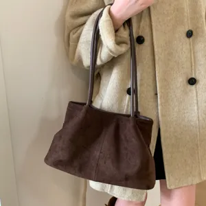 Retro women's brown suede shoulder bag, stylish autumn winter commuting tote handbag.