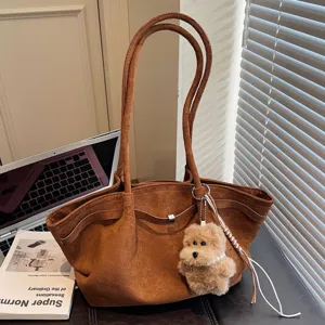 Brown suede tote bag large capacity retro casual shoulder handbag for women daily commuting.