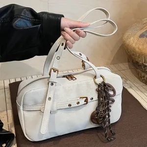 Chic white vintage boston bag for women, large capacity shoulder handbag for daily use.