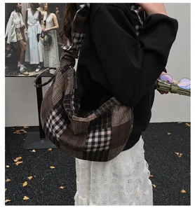 Detailed view of autumn winter retro patchwork brown shoulder bag showcasing texture and stylish strap.