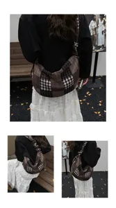 Retro plaid shoulder bag for women, large capacity slouchy hobo tote, casual autumn winter daily use.