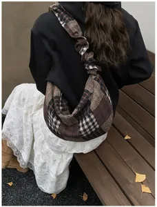 Retro plaid patchwork shoulder bag detail view, casual slouchy hobo tote design for autumn.
