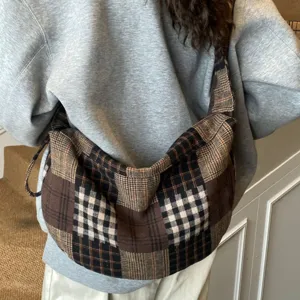 Retro plaid large capacity shoulder bag for women, casual slouchy tote bag new fashion