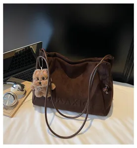 Vintage brown suede tote bag for women, large capacity casual commuting shoulder underarm bag.