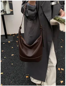 Brown leather hobo shoulder bag retro bucket bag daily commuting stylish fashion handbag