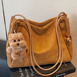 Womens Vintage Suede Tote Bag Large Capacity Casual Commuting Single Shoulder Underarm Bag Fashion Handbag