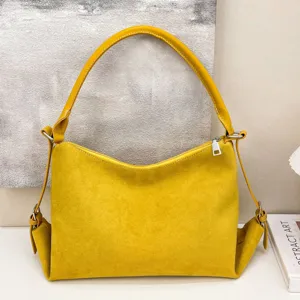 Bolso de hombro vintage de ante amarillo para mujer, bolso hobo grande para uso diario.