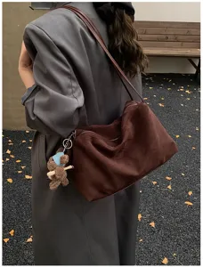Korean vintage style brown suede shoulder bag detail, spacious casual tote for daily commute.