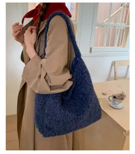 Women's retro fuzzy shoulder bag autumn winter casual plush underarm tote handbag