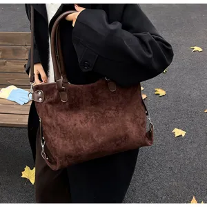 Brown suede tote bag for women, large capacity shoulder bag for autumn commuter daily use