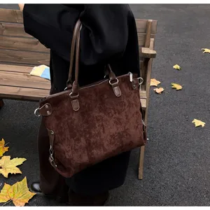Brown suede texture shoulder tote bag, large capacity casual commuter handbag for women