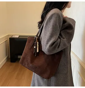 Retro frosted suede tote bag for women, casual large capacity brown shoulder bag with bead charm.