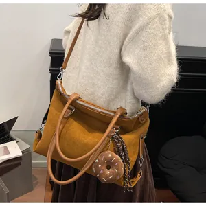 Brown suede tote shoulder bag for women, retro Maillard style large capacity autumn winter handbag.