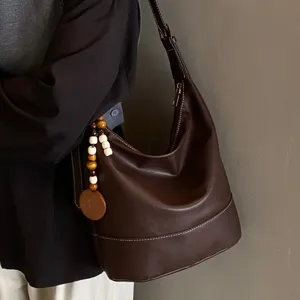 Retro brown women shoulder bucket bag stylish retro commuting crossbody bag ideal for winter