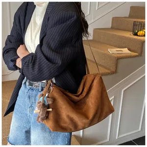 Korean style vintage slouchy suede tote bag for women, large capacity casual shoulder bag.