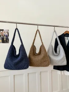 Women fuzzy shoulder bag casual knit underarm tote bag retro winter autumn handbag