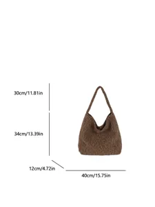 Retro brown fluffy wool shoulder bag for women, stylish winter casual underarm tote bag.