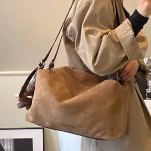 Korean style retro large capacity suede tote bag casual women's commuter shoulder bag
