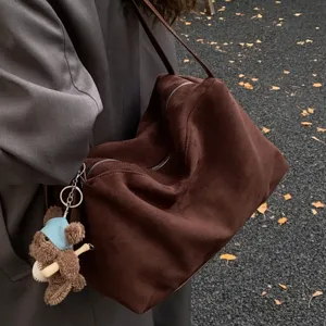 Korean vintage large capacity brown suede shoulder tote bag for women casual commuter daily use