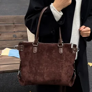 Brown suede tote bag for women, retro autumn winter large capacity shoulder commuter bag.