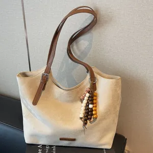 Retro suede tote bag for women, casual large capacity shoulder bag with wooden bead decor.