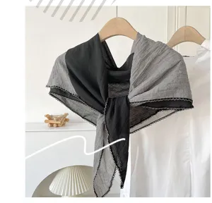 Koreanischer zweifarbiger Baumwoll-Leinen Dreiecksschal eleganter Rauten Halstuch Damen