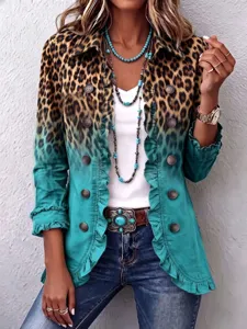 Cardigan à volants à manches longues et dégradé imprimé léopard pour femme chic