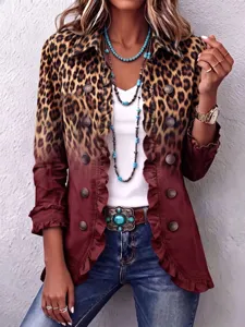 Femme Imprimé Léopard Volants Manches Longues Cardigan Boutons Mode Élégante Veste
